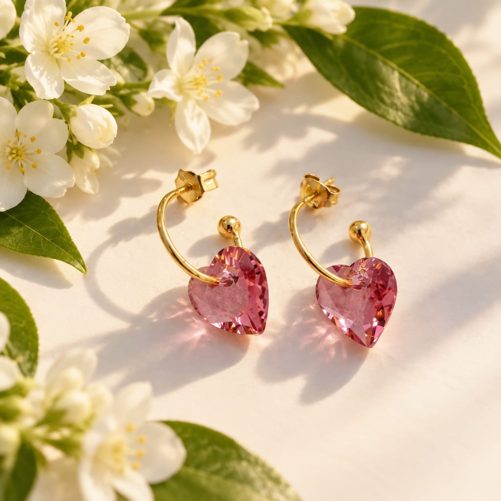 Pink Crystal Heart Gold Hoops