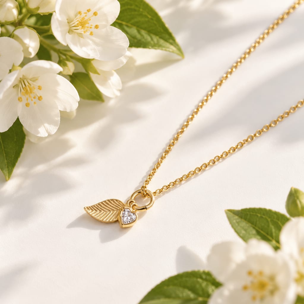 Sparkle Heart and Leaf Gold Necklace