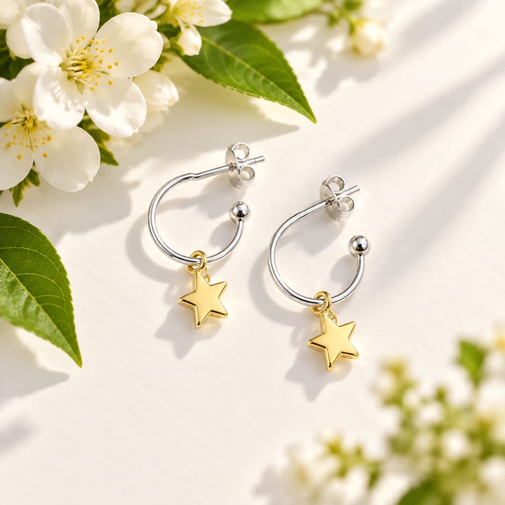 Gold Star Silver Hoops