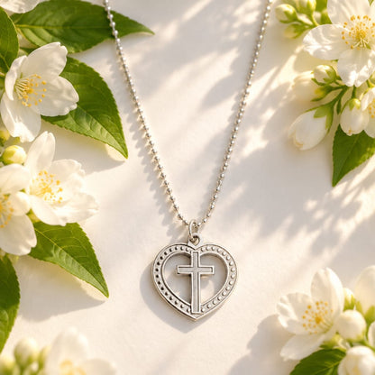 Large Silver Heart & Cross Necklace
