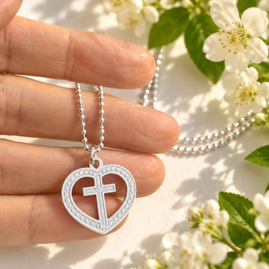 Large Silver Heart & Cross Necklace